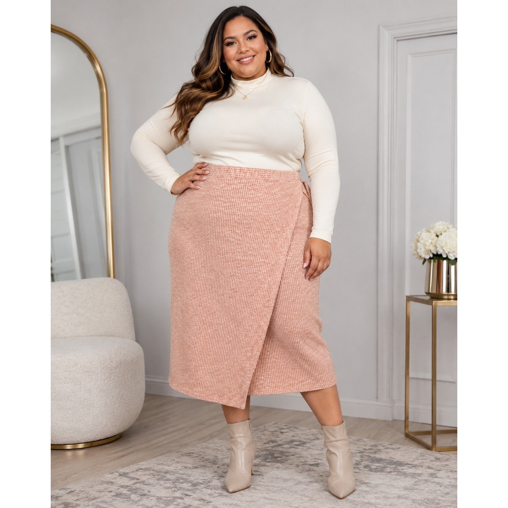 Eloquii Wrap Skirt Women 28 Terracotta Ribbed Knit Midi‎ Buckle Detail Plus Size